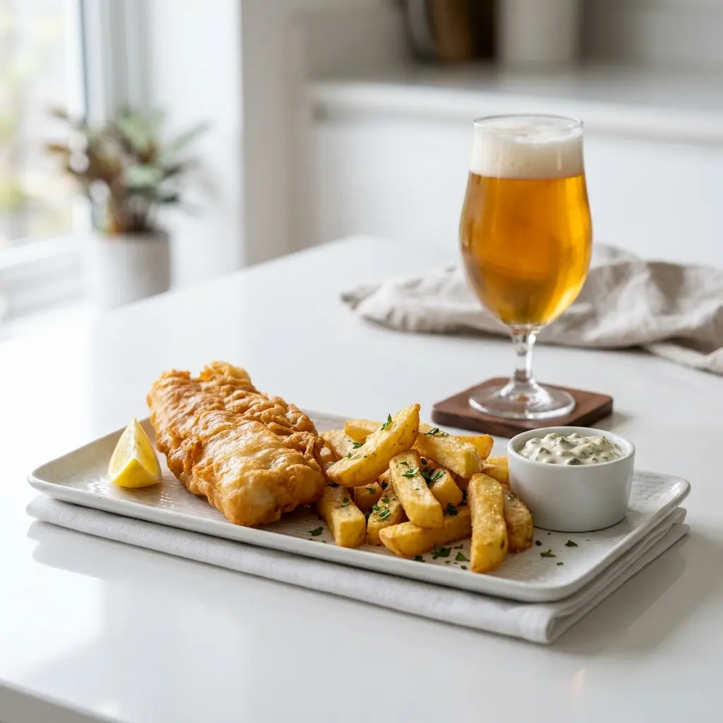 Receita de Fish and chips pronta a servir como prato caseiro