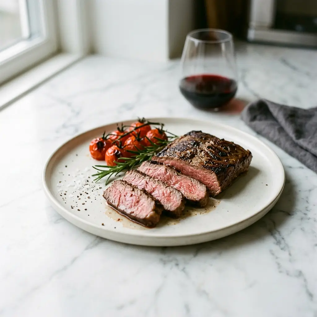 Receita de Flat iron steak pronta a servir como prato caseiro