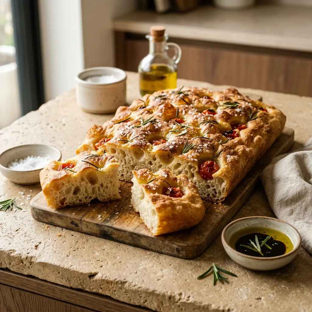 Focaccia dourada com covinhas, azeite, alecrim e flor de sal acabada de sair do forno