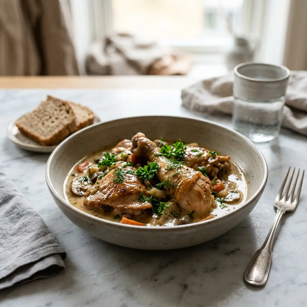 Receita de Frango à moda antiga pronta a servir como prato caseiro