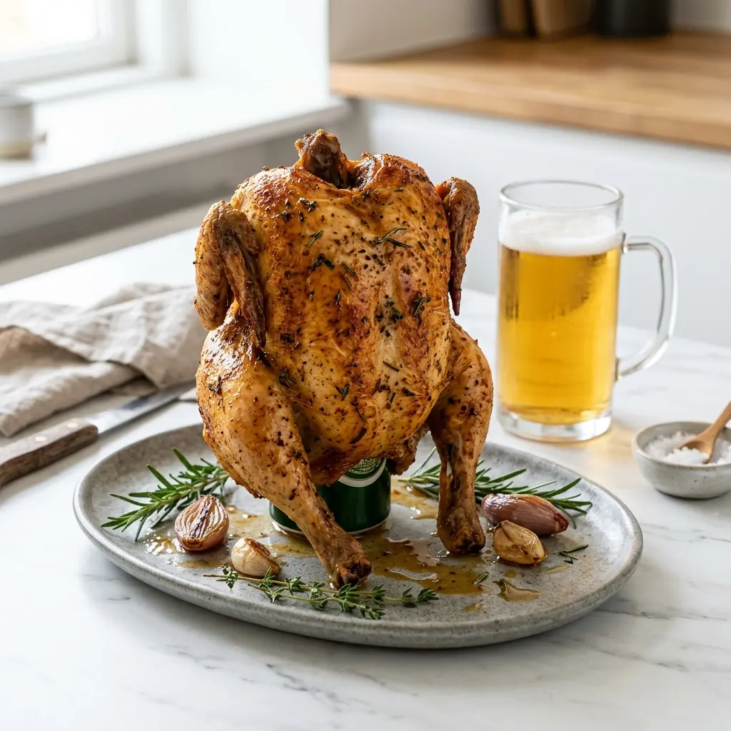 Receita de Frango assado na lata de cerveja pronta a servir como prato caseiro