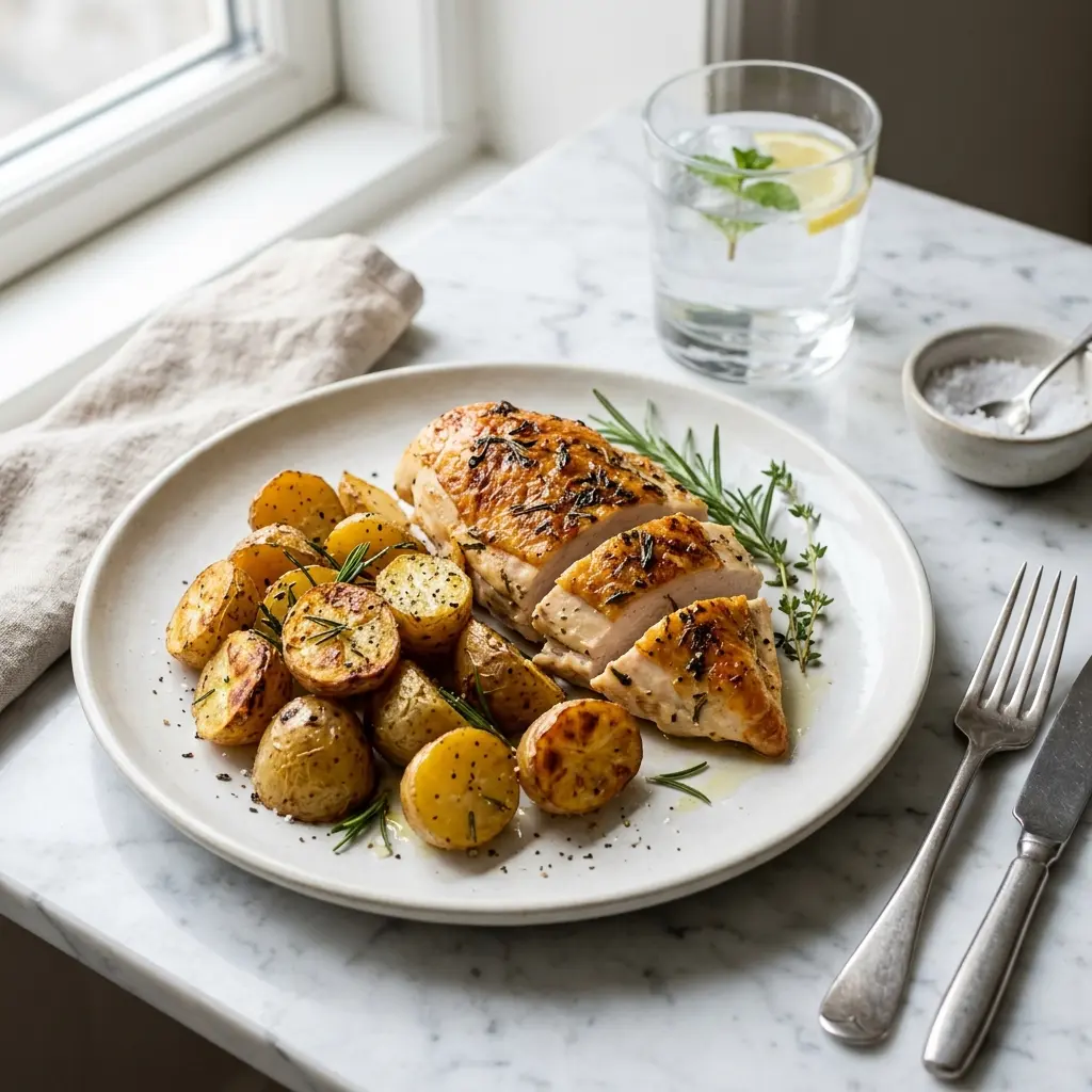 Receita de Frango com batatas assadas no forno pronta a servir como prato caseiro