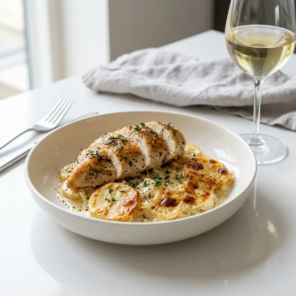 Receita de Frango com batatas gratinadas com natas pronta a servir como prato caseiro