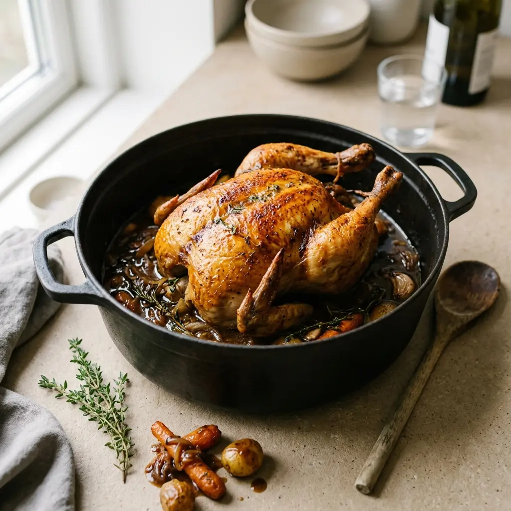 Receita de Frango estufado na panela pronta a servir como prato caseiro