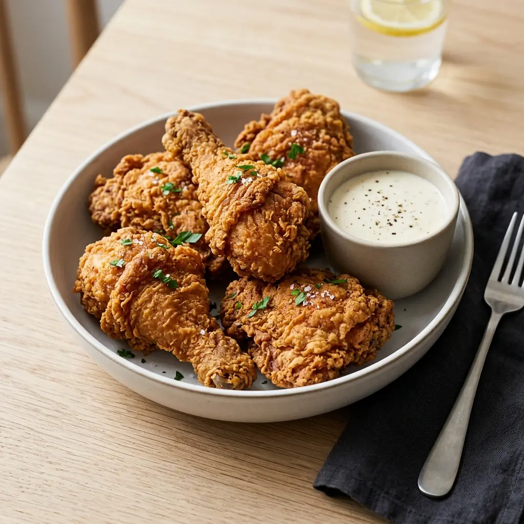 Receita de Frango frito pronta a servir como prato caseiro