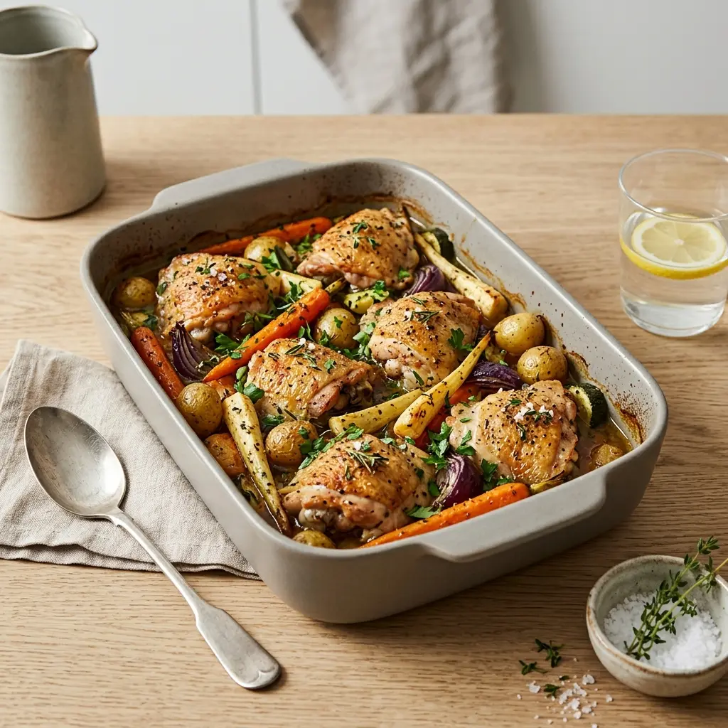 Receita de Frango no forno com legumes pronta a servir como prato caseiro
