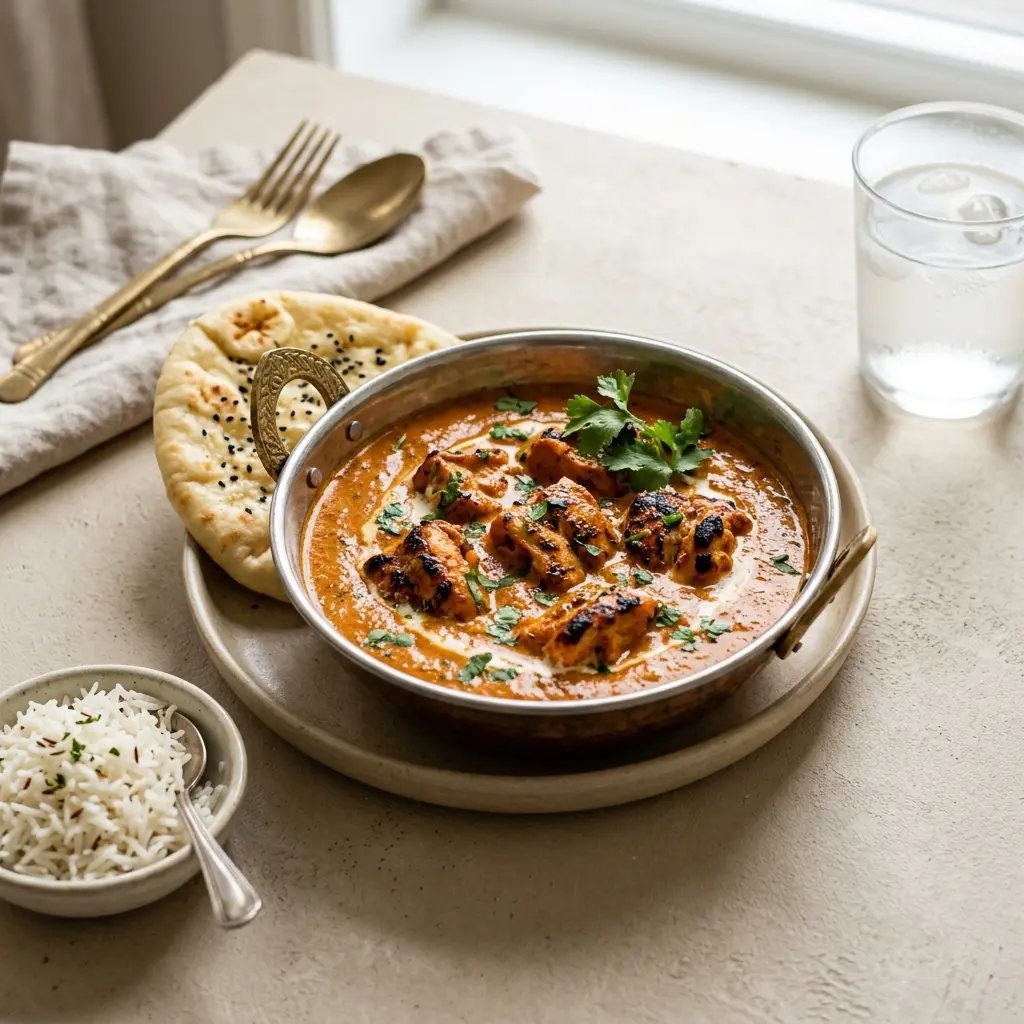 Receita de Frango tikka masala pronta a servir como prato caseiro