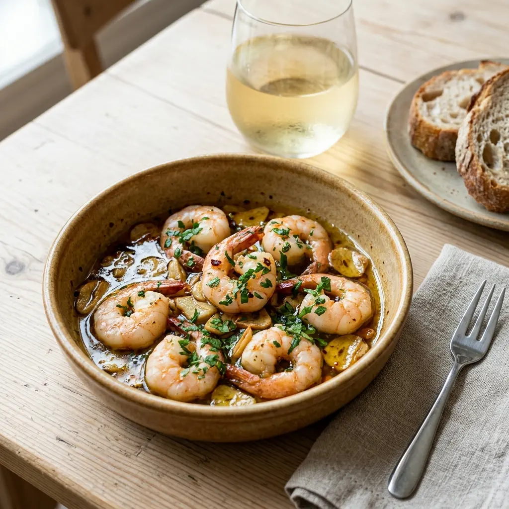 Receita de Gambas al ajillo pronta a servir como prato caseiro