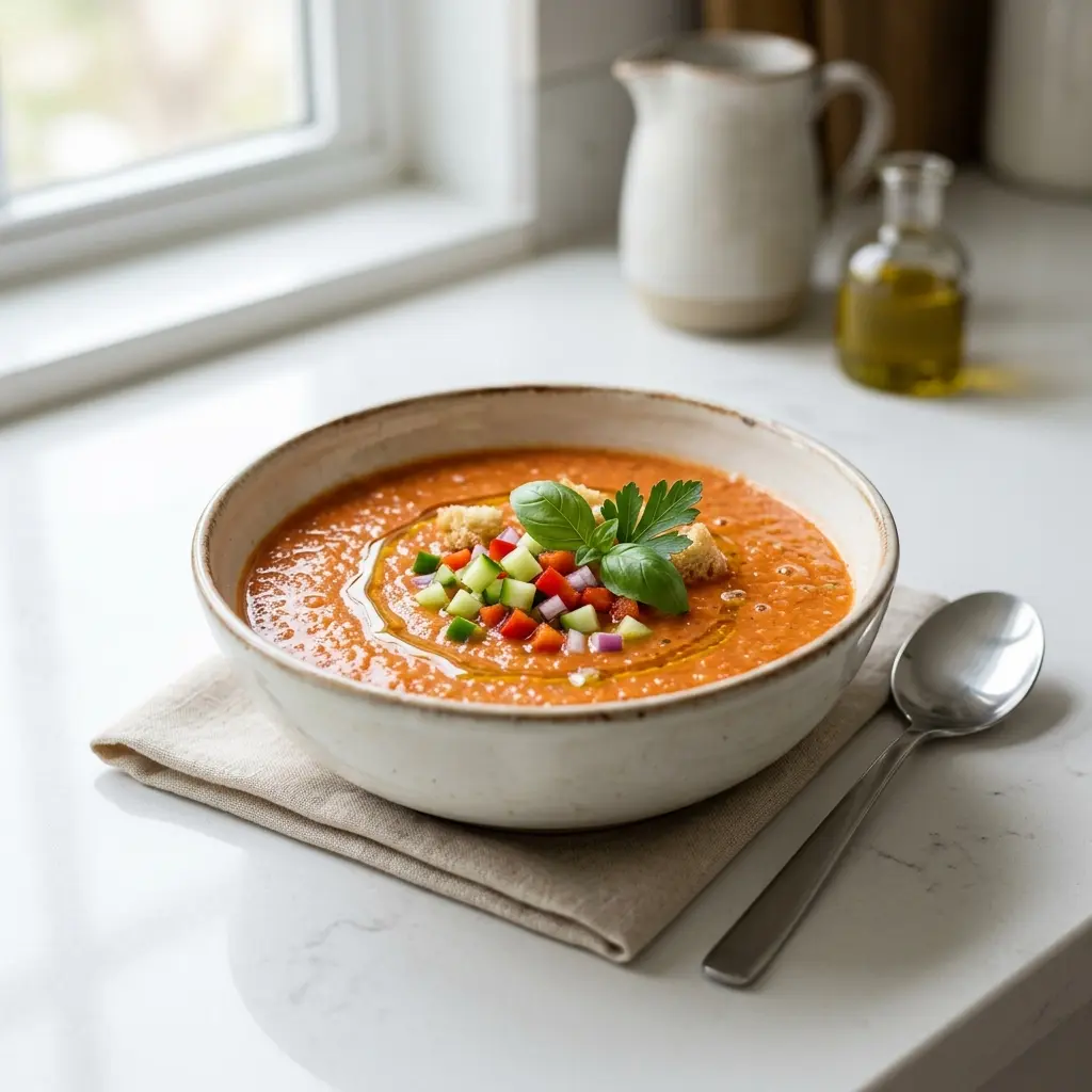 Receita de Gazpacho pronta a servir como prato caseiro