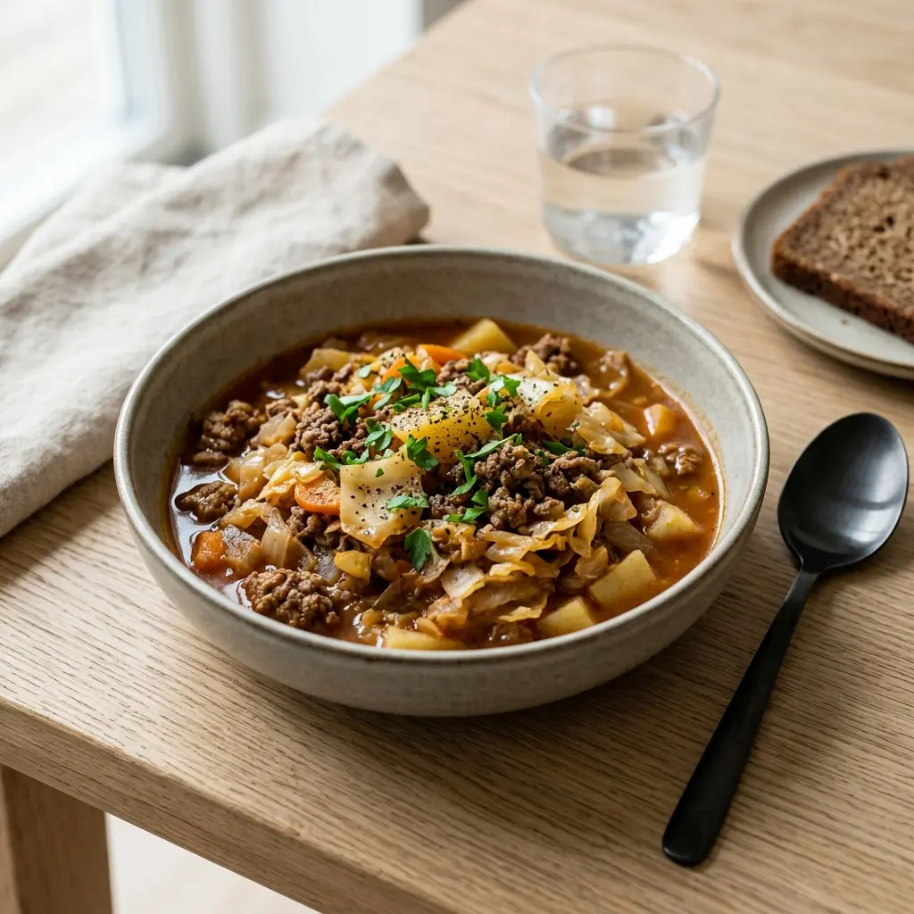 Receita de Guisado de couve branca com carne de vaca pronta a servir como prato caseiro