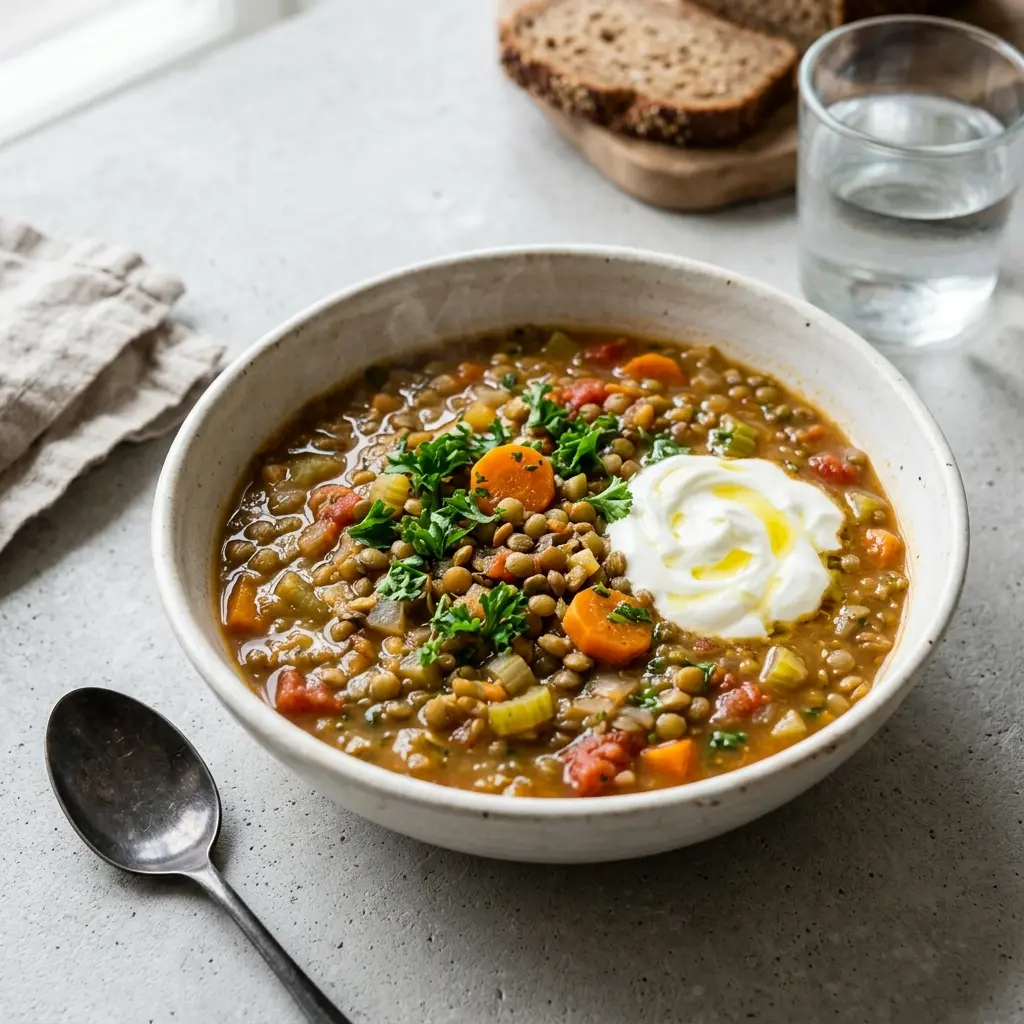 Receita de Guisado de lentilhas pronta a servir como prato caseiro