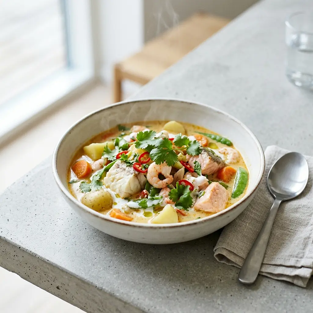 Receita de Guisado de peixe com leite de coco pronta a servir como prato caseiro