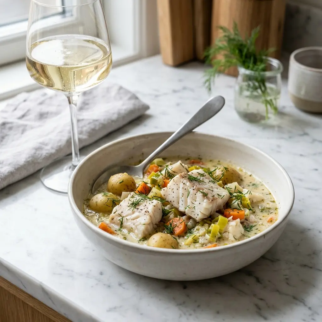 Receita de Guisado de peixe com peixe-chato pronta a servir como prato caseiro