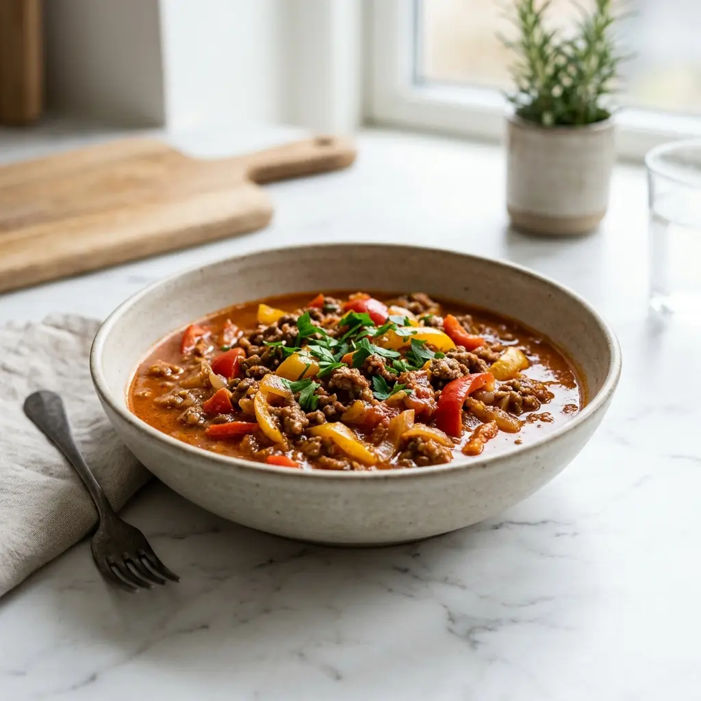 Receita de Guisado de vaca com pimentão-doce pronta a servir como sobremesa caseira