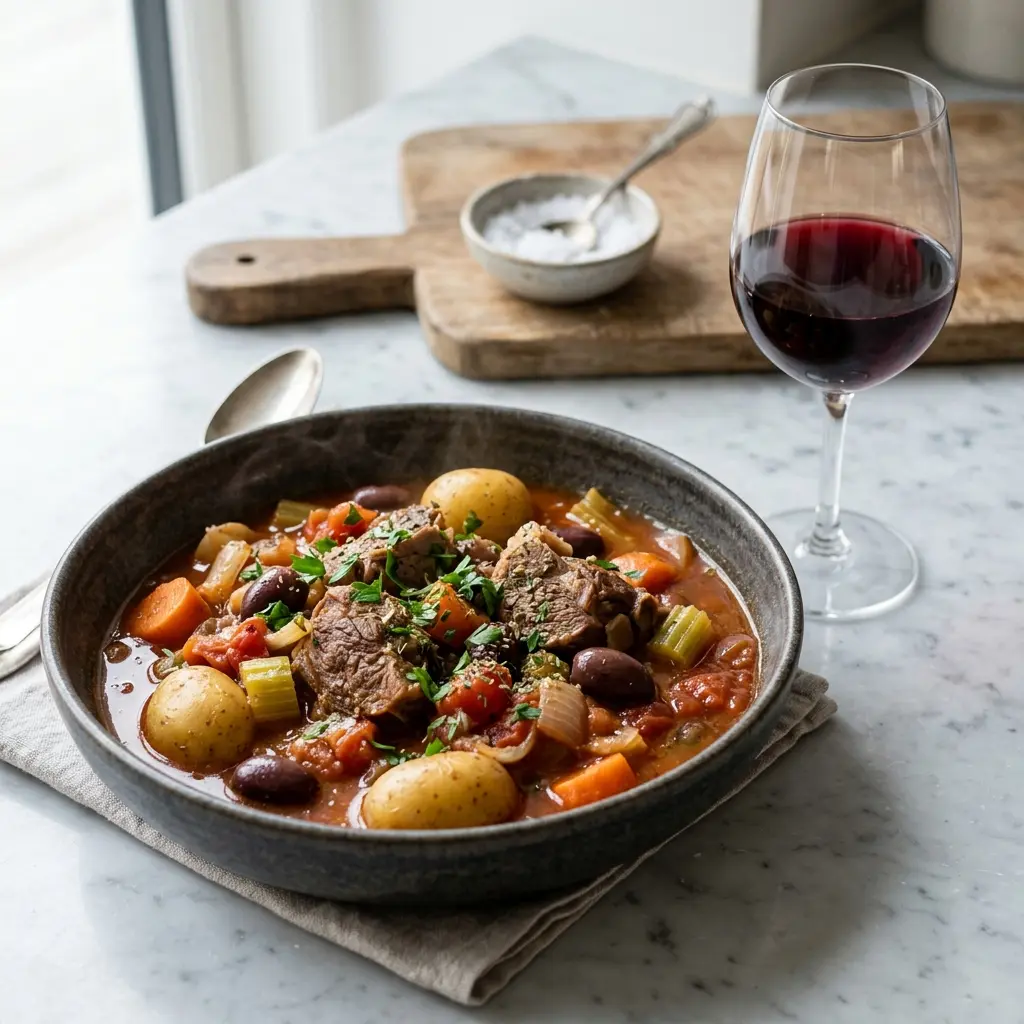 Receita de Guisado grego de borrego pronta a servir como prato caseiro