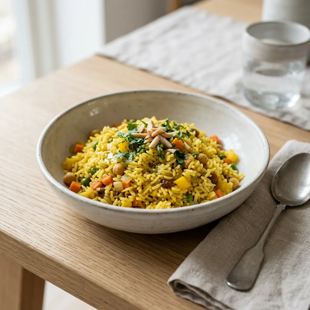 Arroz amarelo com caril, cenoura e ervilhas numa travessa