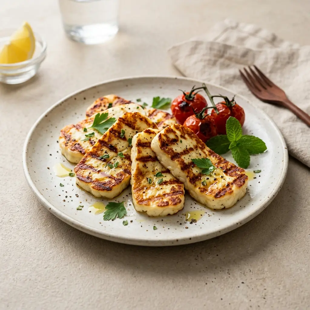 Halloumi grelhado em fatias douradas com orégãos e uma rodela de limão