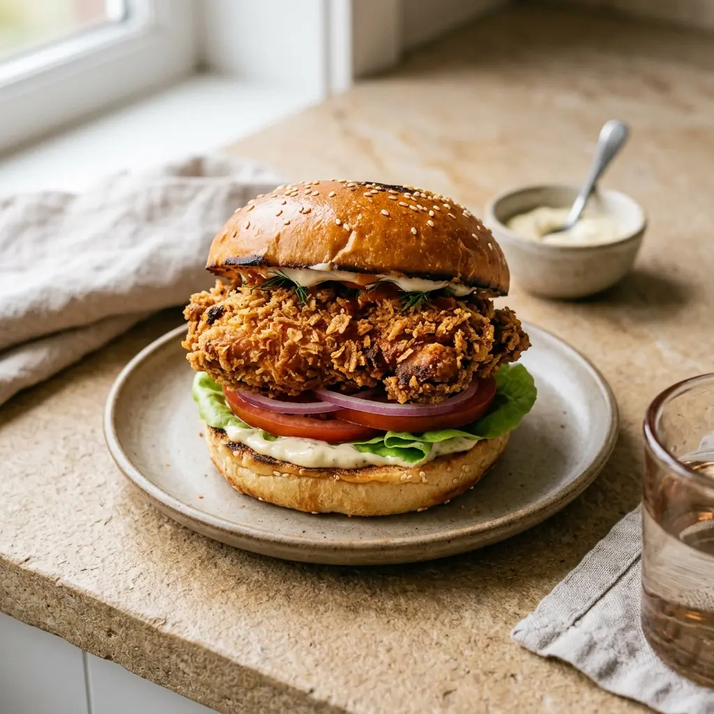 Receita de Hambúrguer crispy de frango pronta a servir como prato caseiro