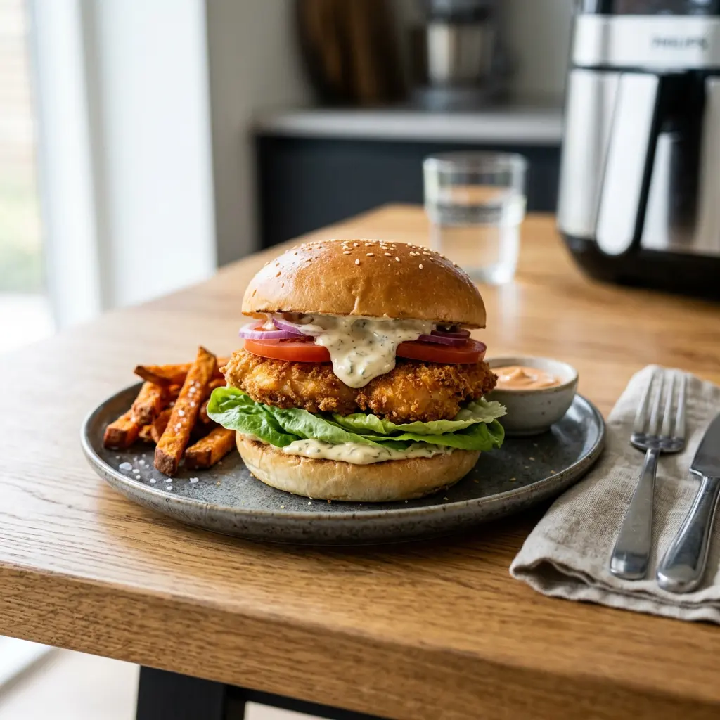 Foto de Hambúrguer de frango na air fryer pronto na airfryer