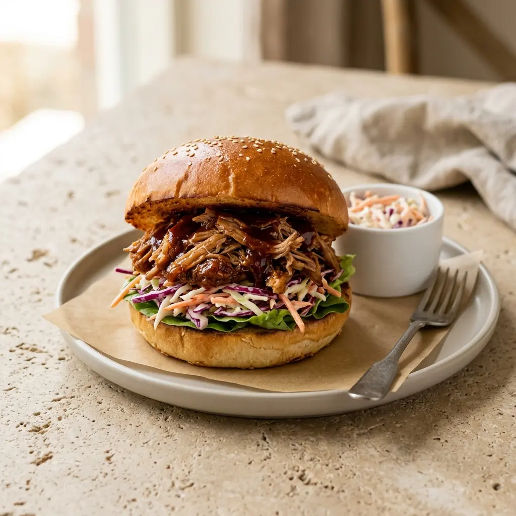 Receita de Hambúrguer de pulled pork pronta a servir como prato caseiro