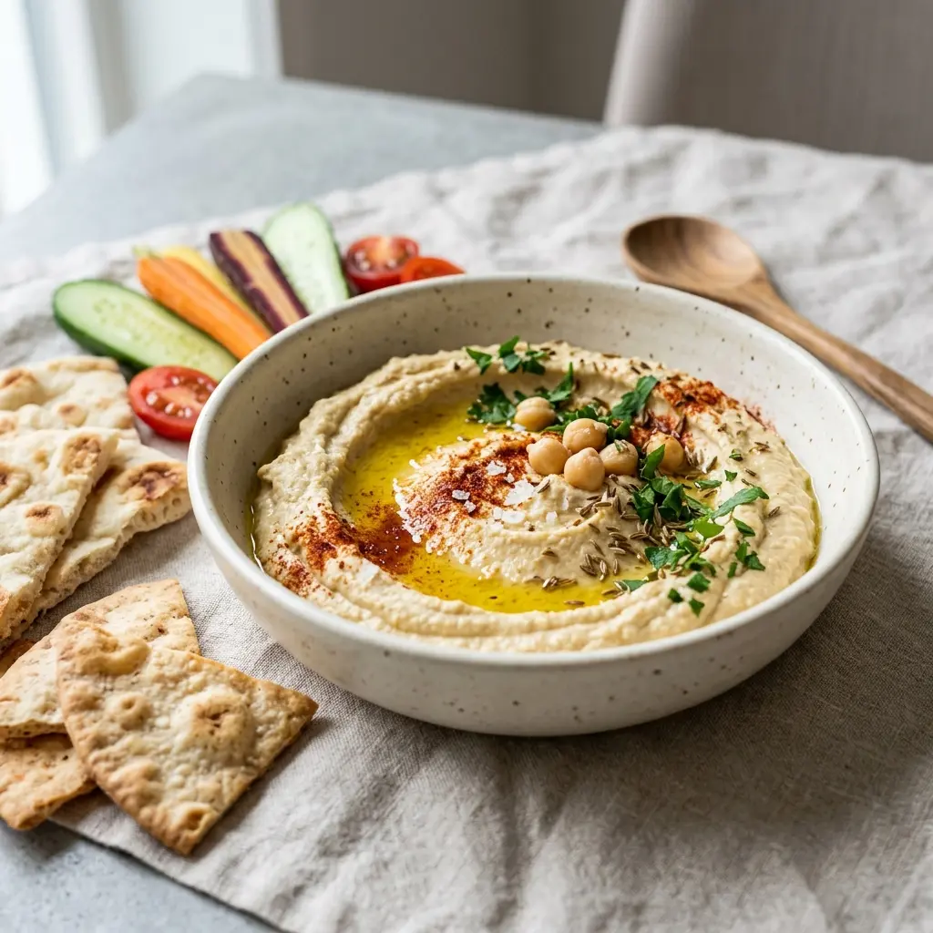 Receita de Hummus caseiro apresentada como molho ou acompanhamento