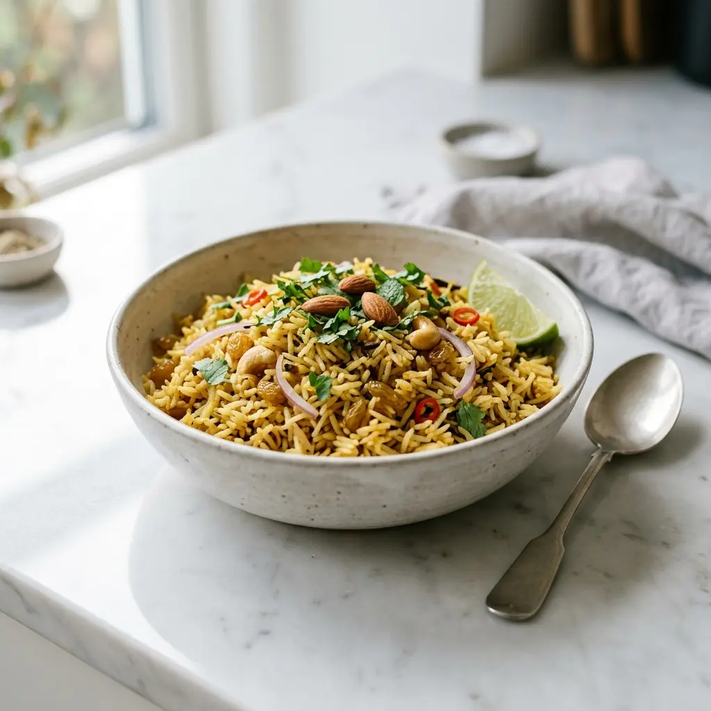 Receita de Krydrede arroz pronta a servir como prato caseiro