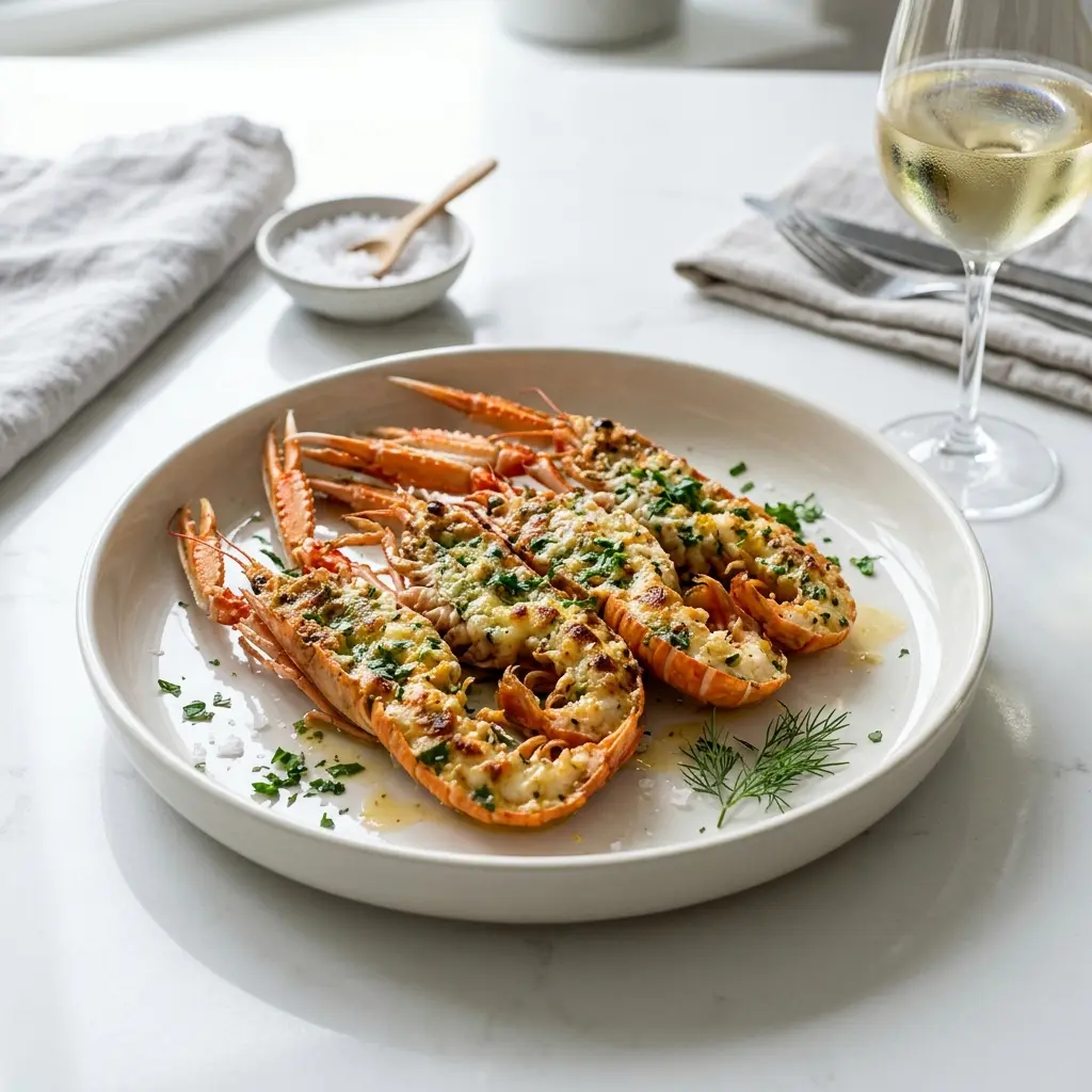 Receita de Lagostim gratinado pronta a servir como prato caseiro