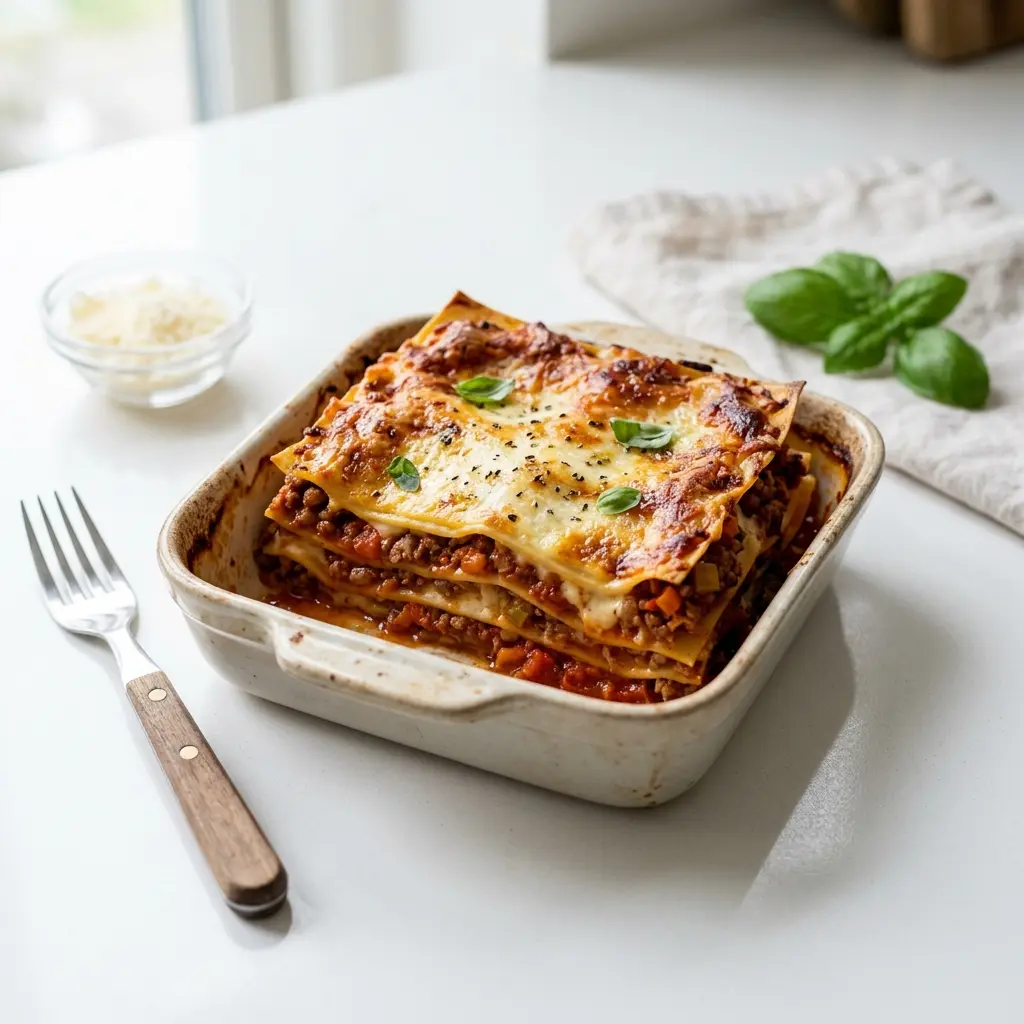 Receita de Lasanha bolognese pronta a servir como prato caseiro