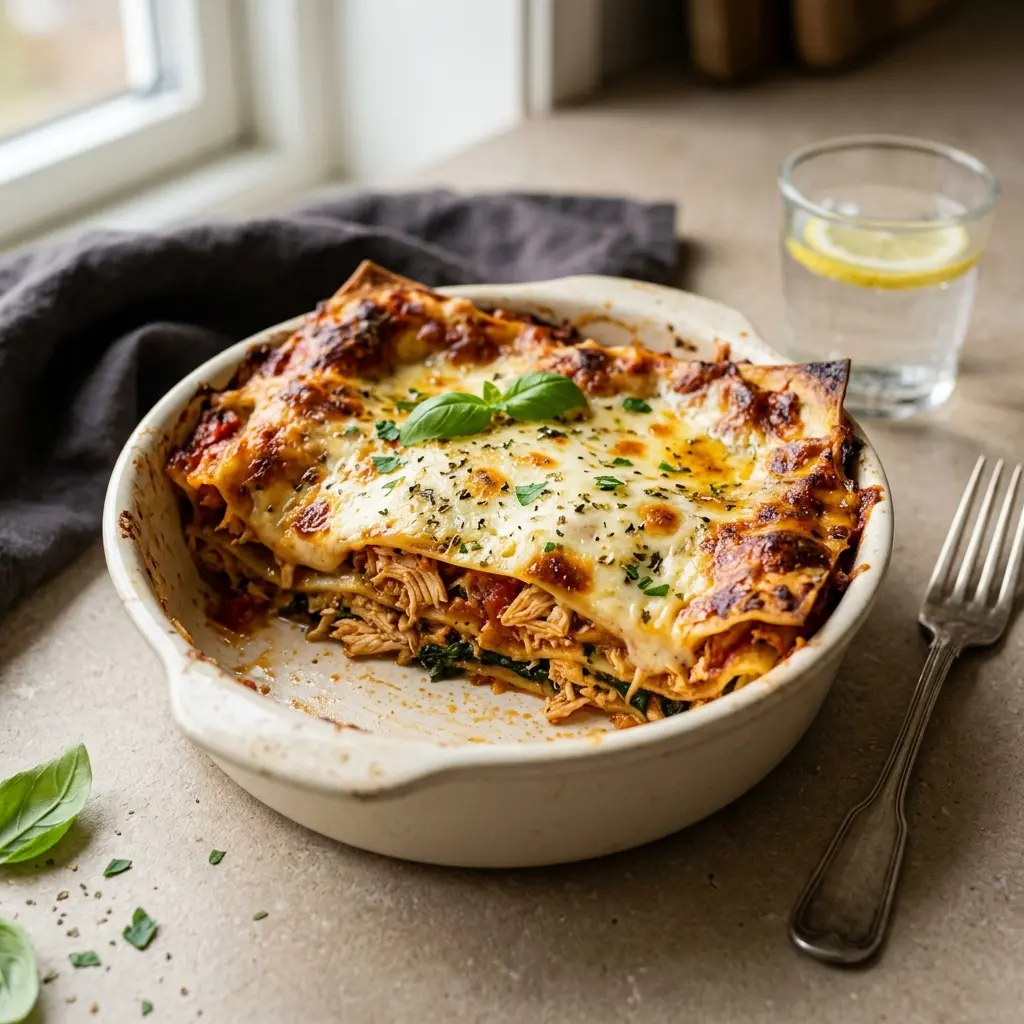 Lasanha de frango gratinada com mozarela, cortada em porções na travessa
