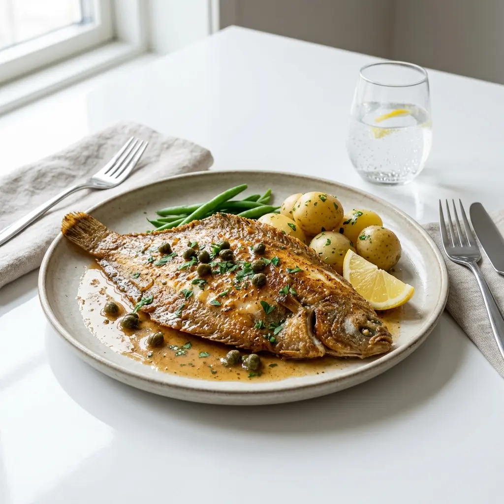 Receita de Linguado à meunière pronta a servir como prato caseiro