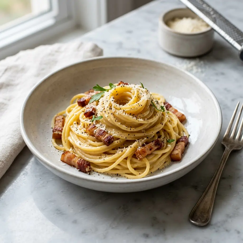 Receita de Massa carbonara pronta a servir como prato caseiro