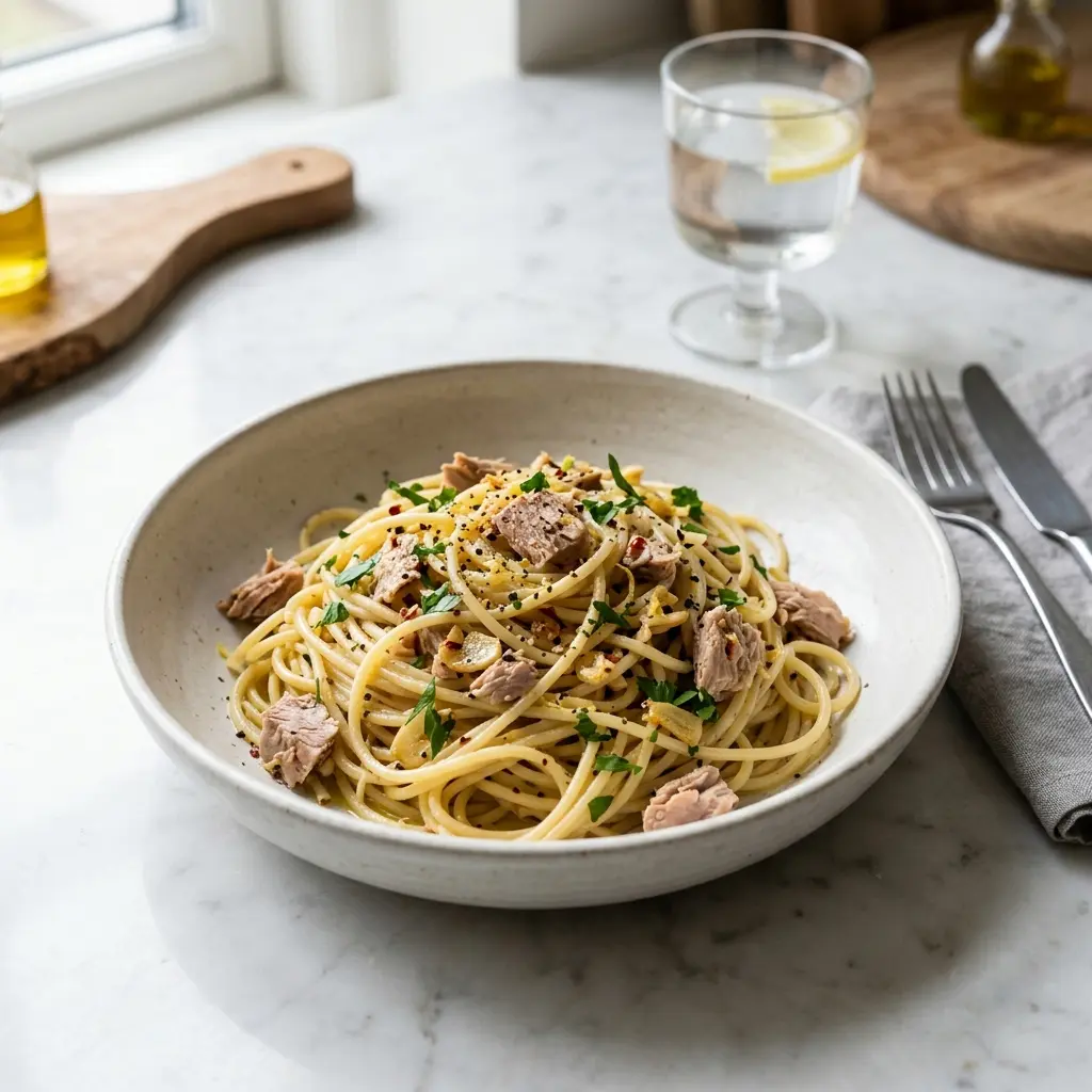 Receita de Massa com atum e alho pronta a servir como prato caseiro