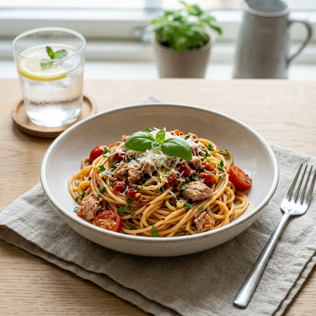 Receita de Massa com atum e tomate pronta a servir como prato caseiro