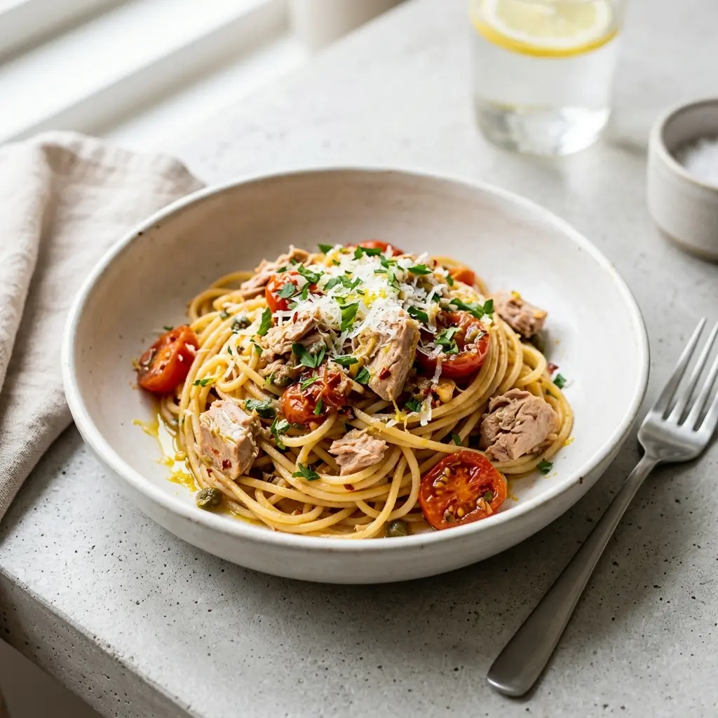 Receita de Massa com atum pronta a servir como prato caseiro