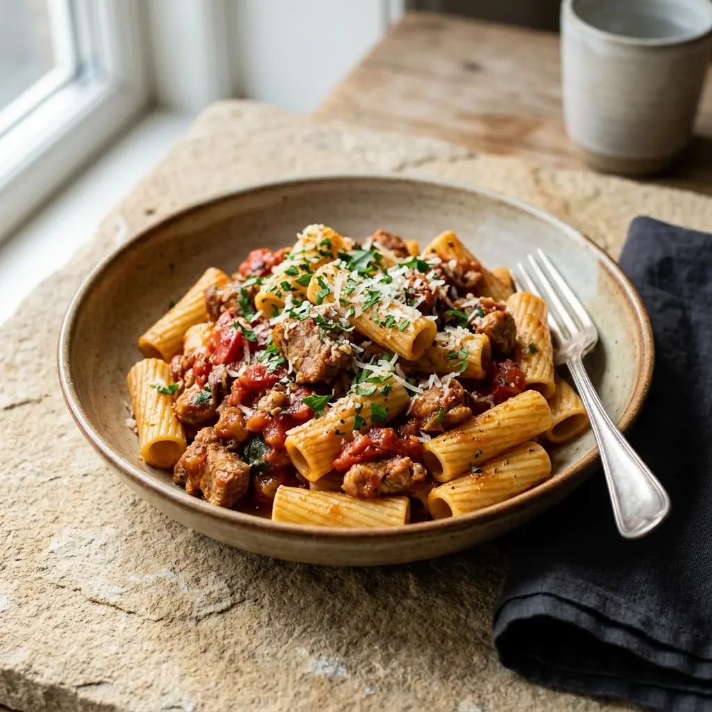 Receita de Massa com carne de porco e tomate pronta a servir como prato caseiro