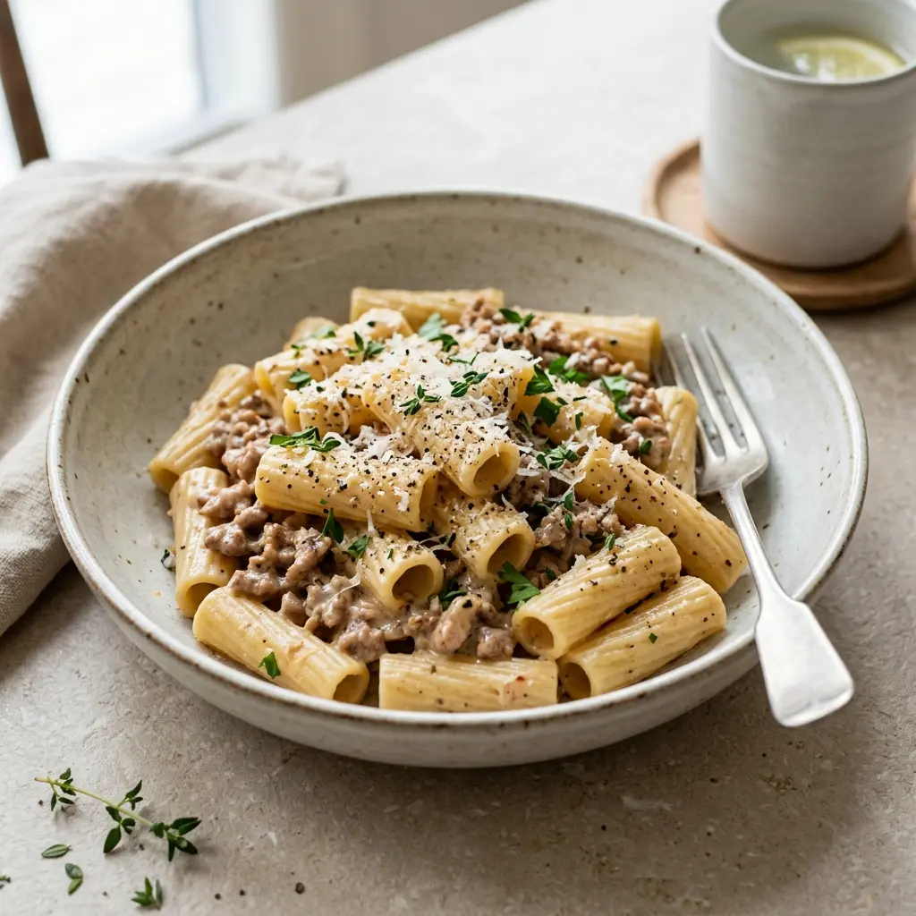 Receita de Massa com carne de porco picada e natas pronta a servir como prato caseiro
