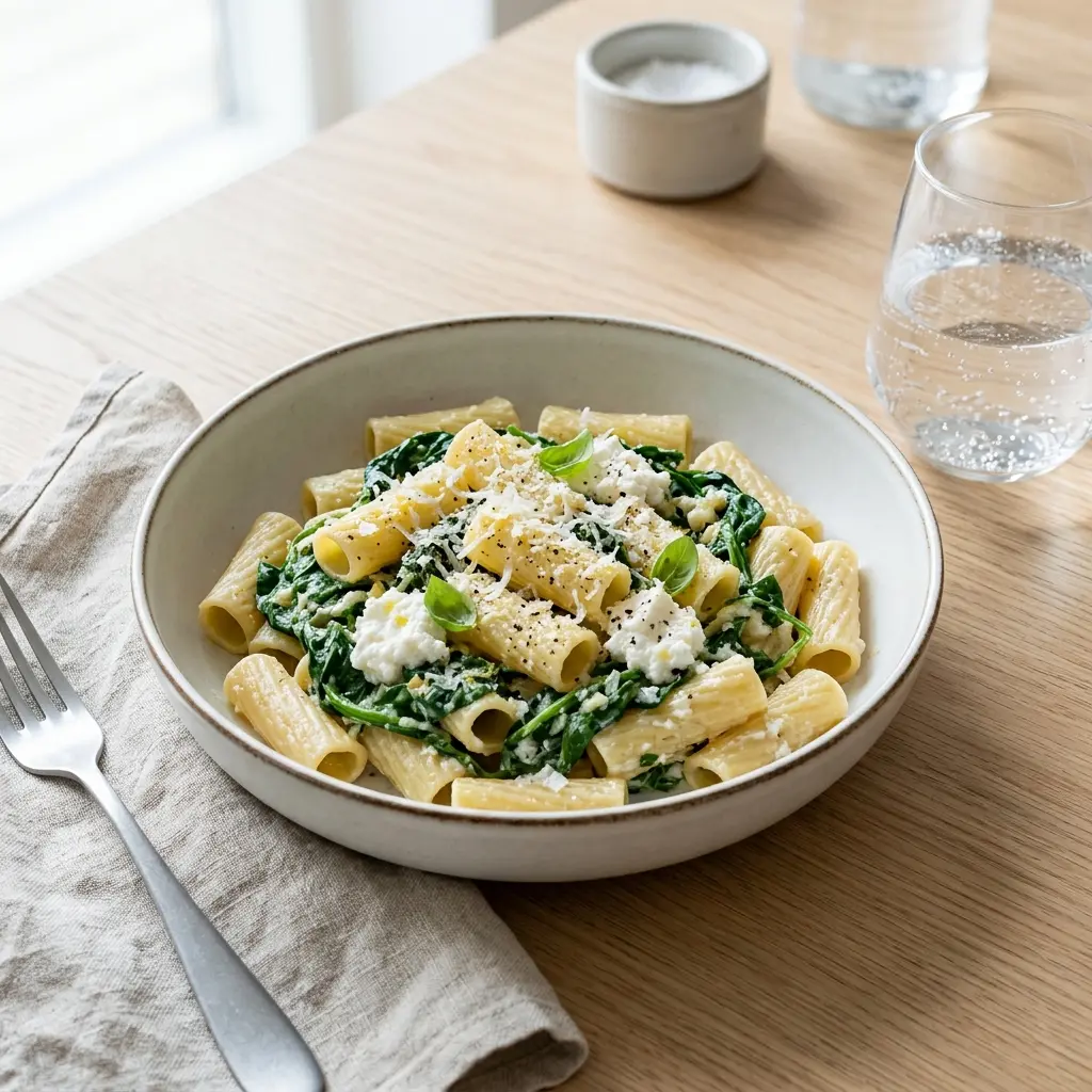 Receita de Massa com espinafres e ricotta pronta a servir como prato caseiro