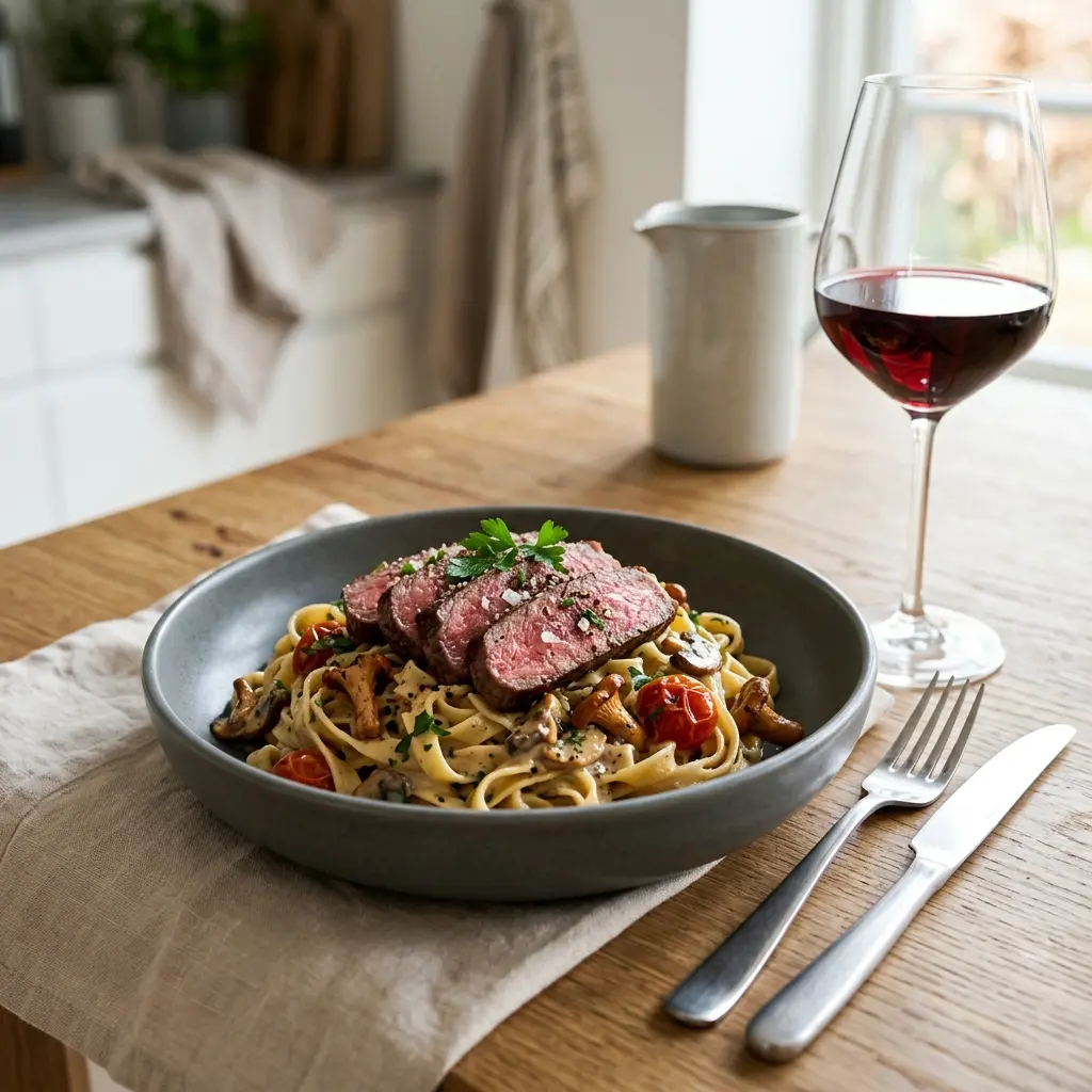 Receita de Massa com steak pronta a servir como prato caseiro