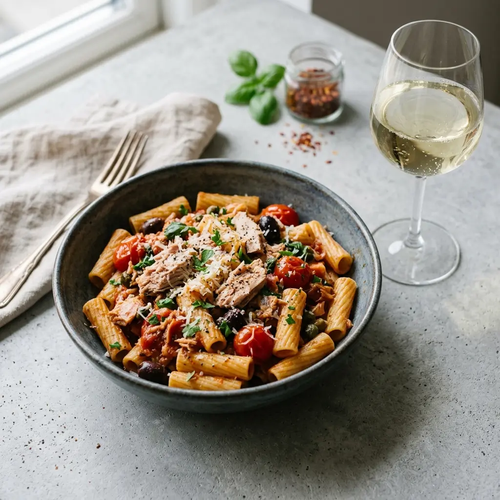 Receita de Massa one pot com atum pronta a servir como prato caseiro