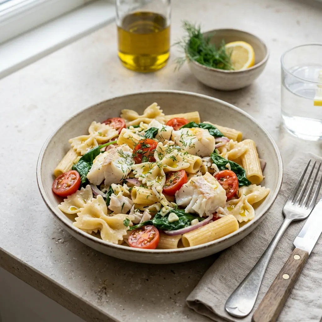 Receita de Massa one pot com bacalhau pronta a servir como prato caseiro