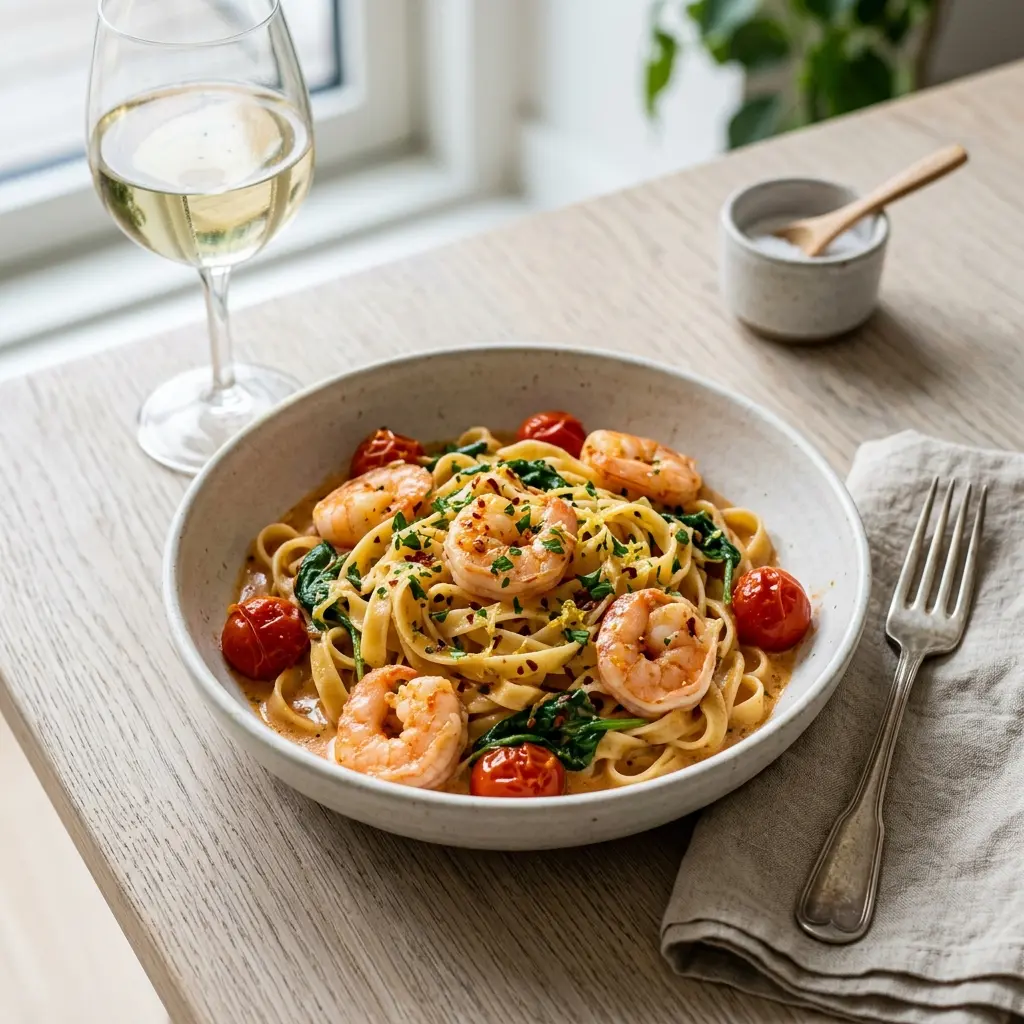 Receita de Massa one pot com camarões pronta a servir como prato caseiro