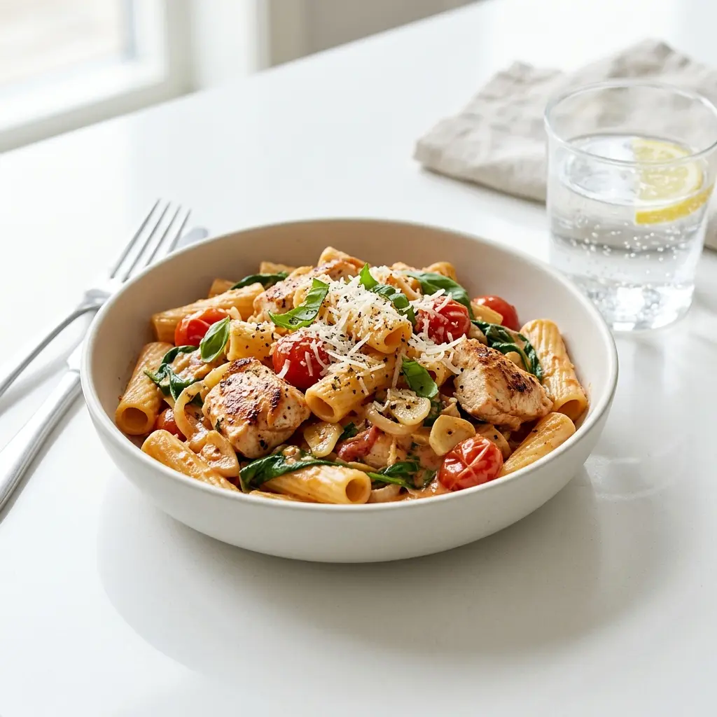 Receita de Massa one pot com frango pronta a servir como prato caseiro