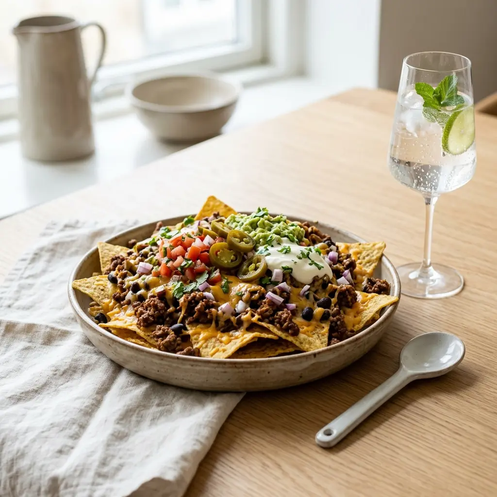 Receita de Nachos com carne de vaca pronta a servir como prato caseiro