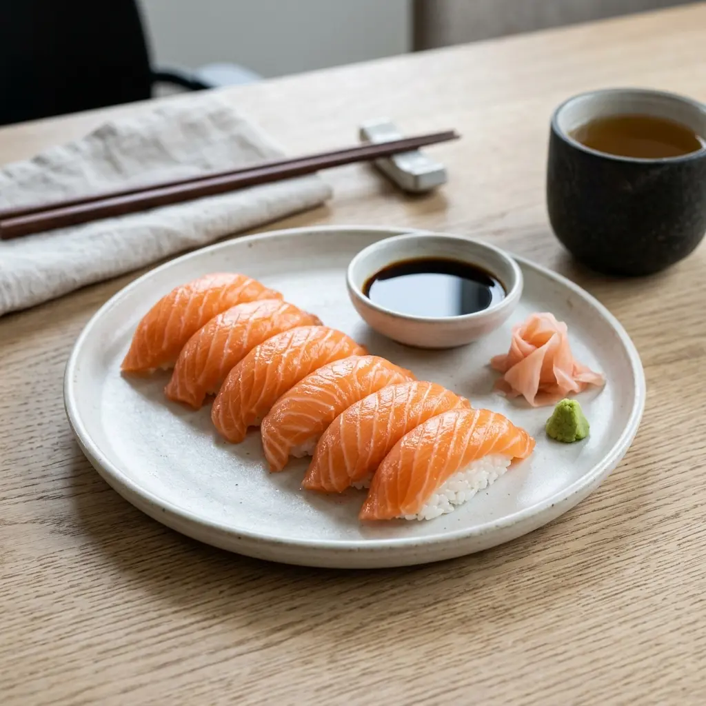 Receita de Nigiri de salmão pronta a servir como prato caseiro