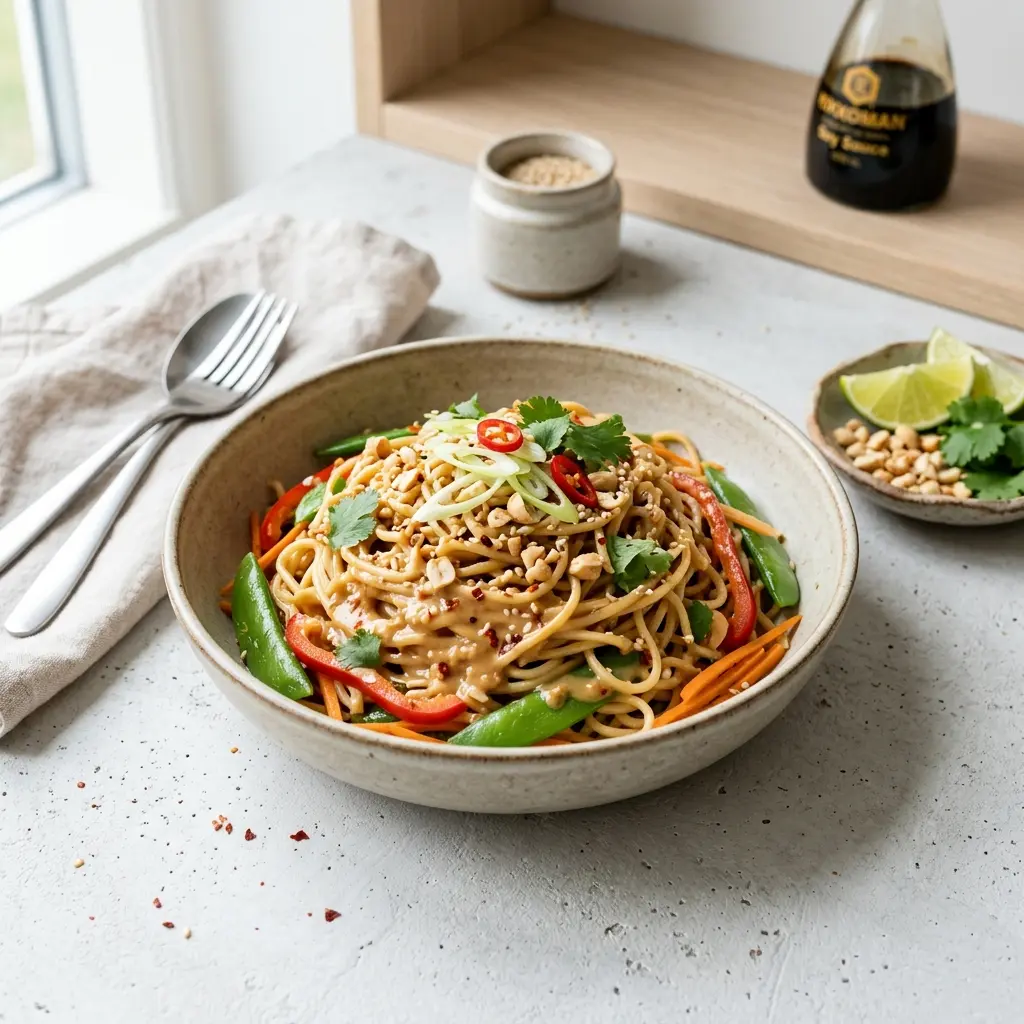 Receita de Noodles com molho de amendoim apresentada como molho ou acompanhamento