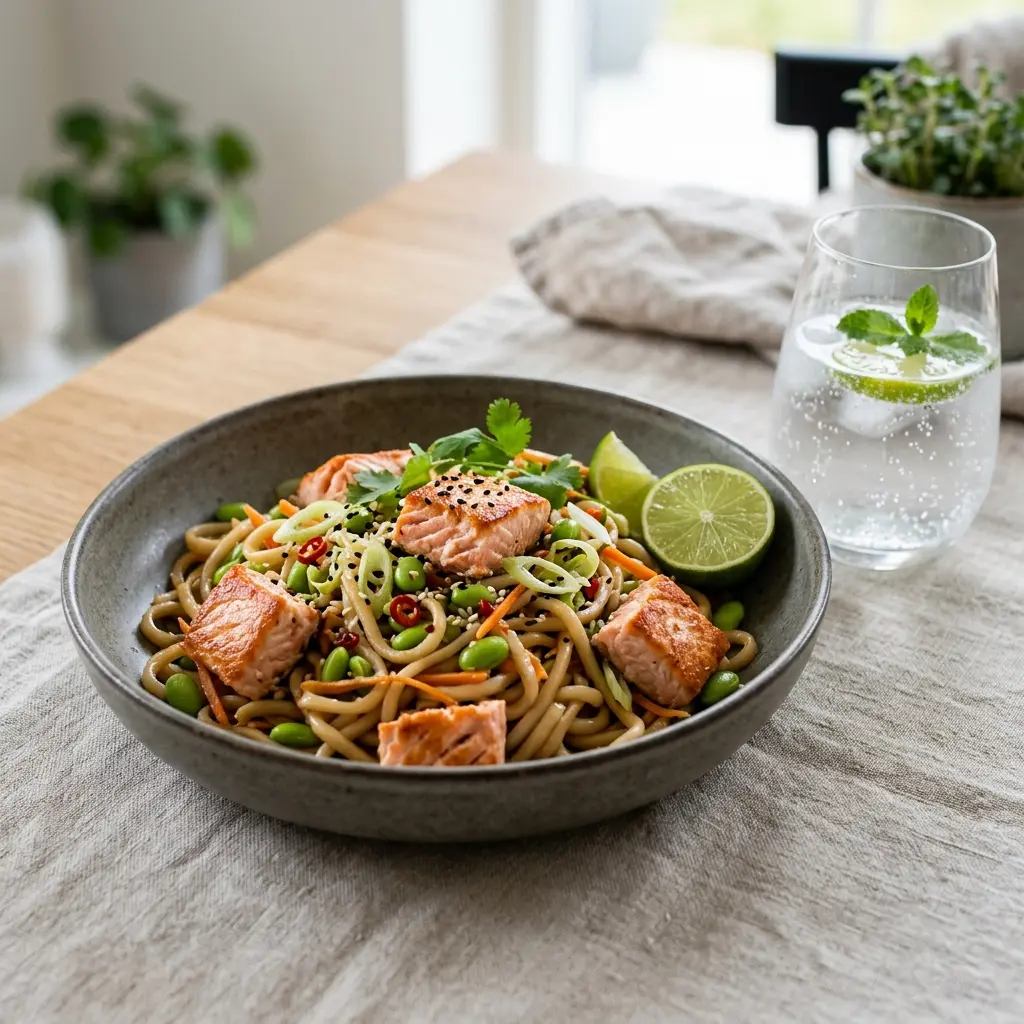 Receita de Noodles com salmão pronta a servir como prato caseiro