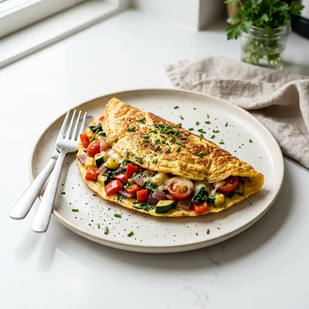 Receita de Omelet com legumes pronta a servir como prato caseiro