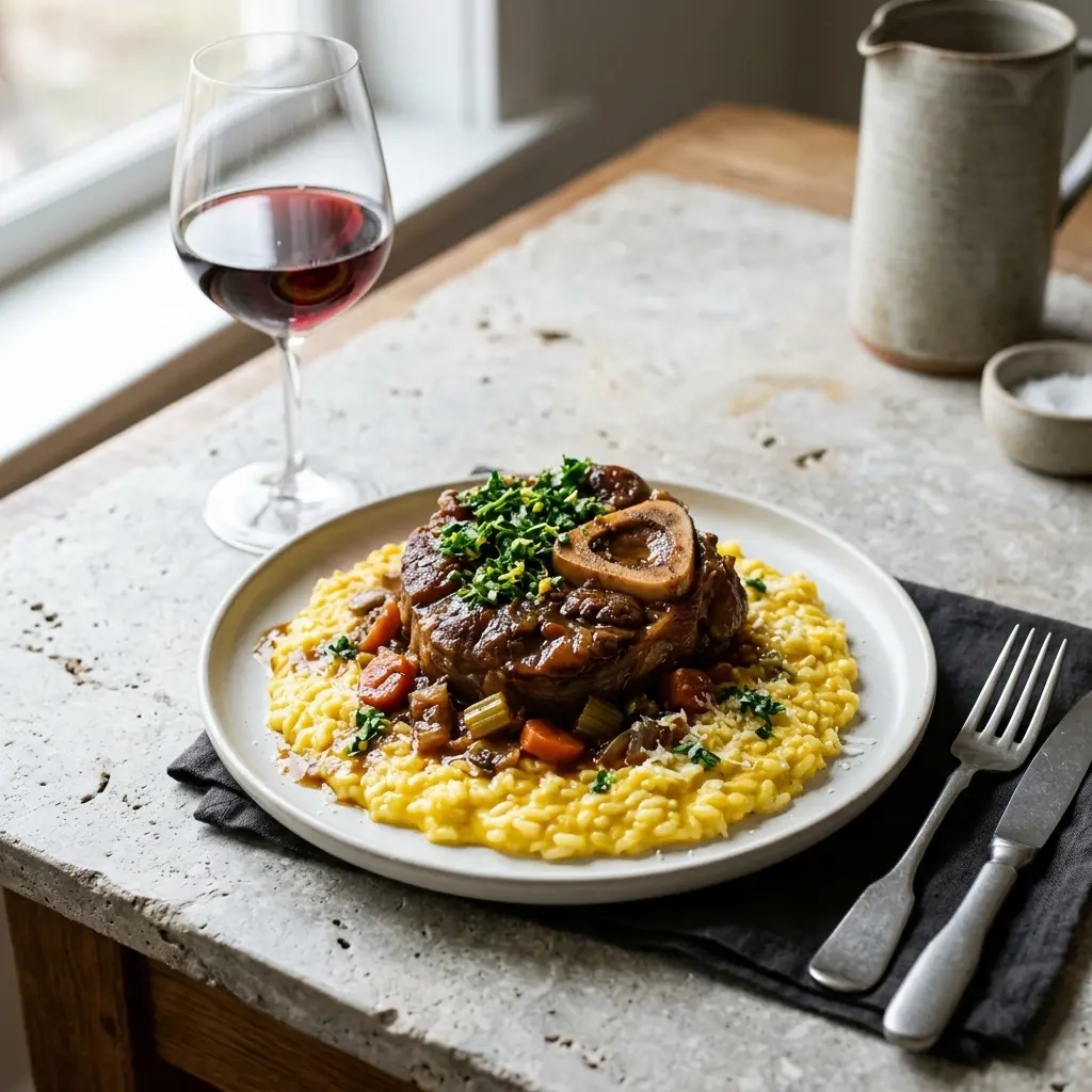 Receita de Ossobuco com risotto pronta a servir como prato caseiro