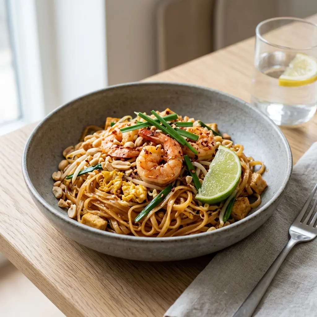 Receita de Pad thai com camarões pronta a servir como prato caseiro
