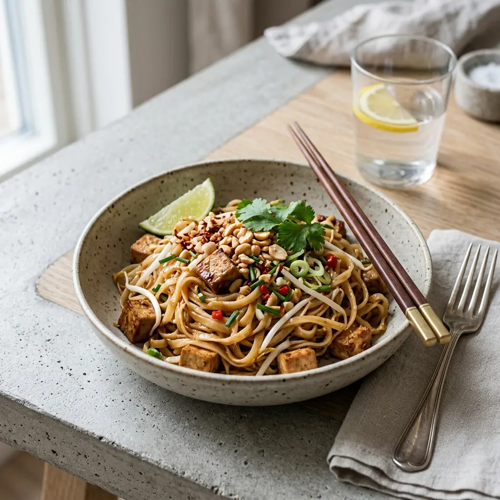 Receita de Pad thai vegetariano pronta a servir como prato caseiro
